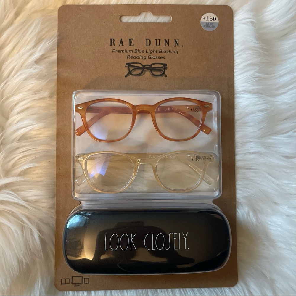 RAE DUNN (2) Premium Blue Light Blocking Reading Glasses +1.50  + Case